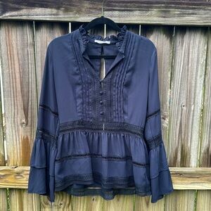 Octavia navy blouse, lace details, bell sleeves, size medium